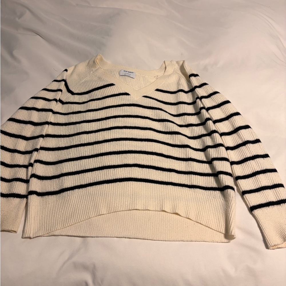 Old Navy Striped V-Neck Sweater - Cream and Black